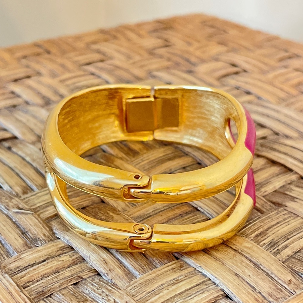 Vintage Monet Gold and Pink Clamper Bangle Bracelet - Picture 3 of 13